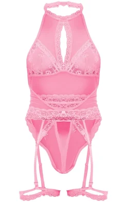 Pink Lace Halter Neck Suspender Bodysuit
