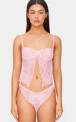 Pink Lace Open Front Corset Lingerie Set