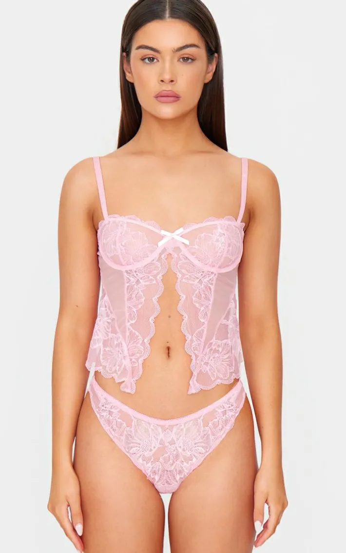 Pink Lace Open Front Corset Lingerie Set
