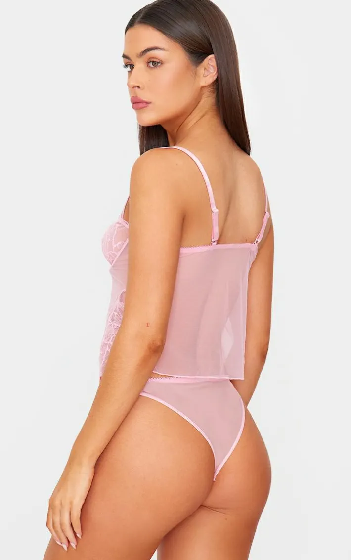 Pink Lace Open Front Corset Lingerie Set