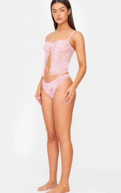 Pink Lace Open Front Corset Lingerie Set