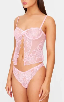 Pink Lace Open Front Corset Lingerie Set