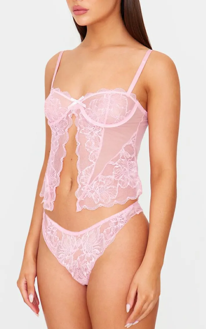 Pink Lace Open Front Corset Lingerie Set