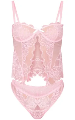 Pink Lace Open Front Corset Lingerie Set