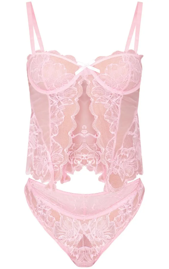 Pink Lace Open Front Corset Lingerie Set