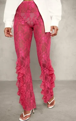 Pink Lace Ruffle Hem Flared Pants