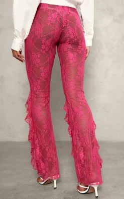 Pink Lace Ruffle Hem Flared Pants