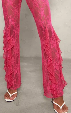 Pink Lace Ruffle Hem Flared Pants