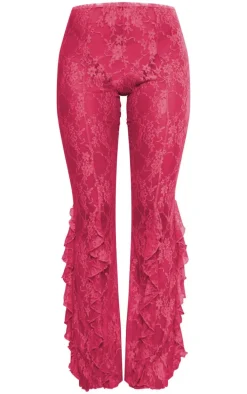 Pink Lace Ruffle Hem Flared Pants