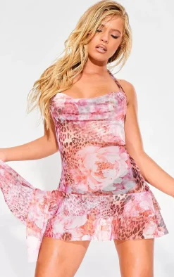 Pink Leopard Floral Print Mesh Cowl Frill Detail Shift Dress