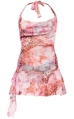 Pink Leopard Floral Print Mesh Cowl Frill Detail Shift Dress