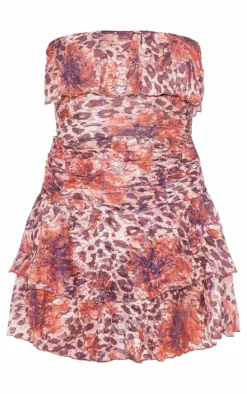 Pink Leopard Print Crinkle Mesh Bandeau Ruffle Detail Mini Dress