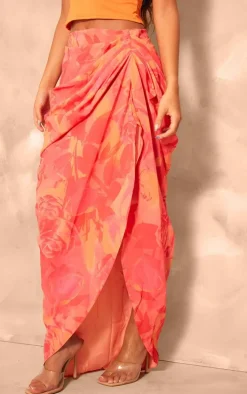 Pink Lined Chiffon Ruched Midaxi Skirt