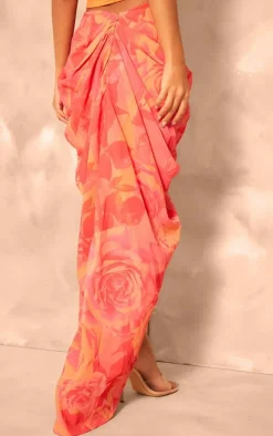 Pink Lined Chiffon Ruched Midaxi Skirt