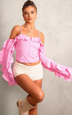 Pink Linen Look Hook & Eye Frill Sleeve Corset Top