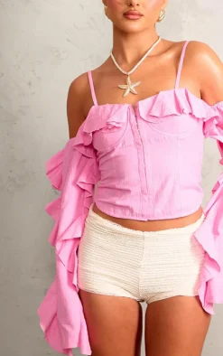Pink Linen Look Hook & Eye Frill Sleeve Corset Top