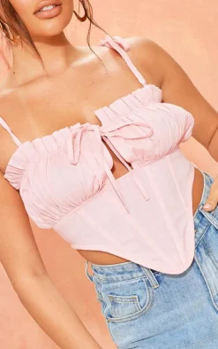 Pink Linen Look Pleated Bust Tie Shoulder Crop Top