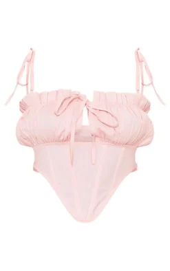 Pink Linen Look Pleated Bust Tie Shoulder Crop Top