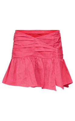 Pink Linen Look Shirred Asymmetric Waistband Mini Skirt