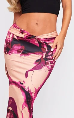 Pink Lips Print Soft Touch Knot Front Midaxi Skirt