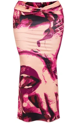 Pink Lips Print Soft Touch Knot Front Midaxi Skirt