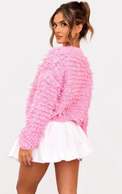 Pink Loop Knit V Neck Button Up Cardigan