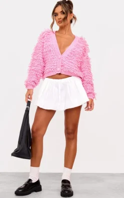 Pink Loop Knit V Neck Button Up Cardigan