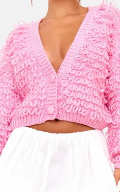 Pink Loop Knit V Neck Button Up Cardigan