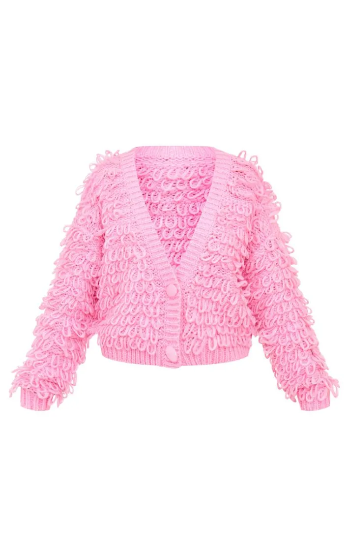 Pink Loop Knit V Neck Button Up Cardigan