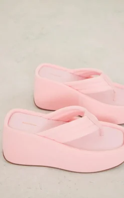 Pink Lycra Square Chunky Padded Thong Strap Sunken Platform Sandals
