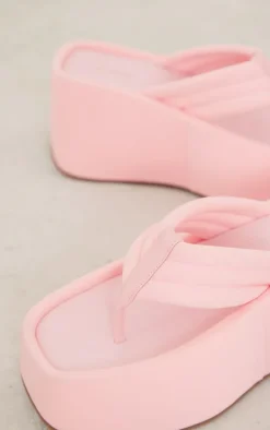 Pink Lycra Square Chunky Padded Thong Strap Sunken Platform Sandals