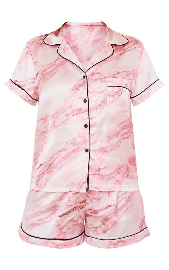 Pink Marble Print Satin Short Pj Set