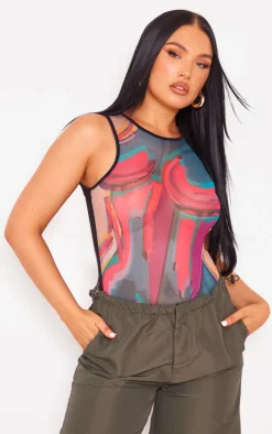 Pink Mesh Body Printed Racer Bodysuit