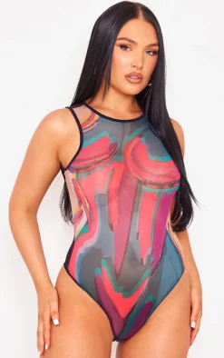 Pink Mesh Body Printed Racer Bodysuit