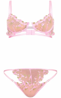 Pink Mesh Floral Embroidery Lingerie Set