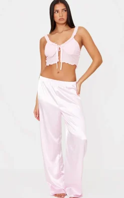Pink Mesh Tie Front Cami Long Satin PJ Set