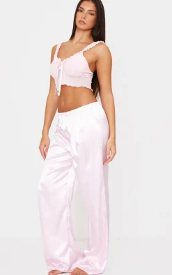 Pink Mesh Tie Front Cami Long Satin PJ Set