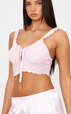 Pink Mesh Tie Front Cami Long Satin PJ Set
