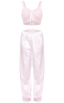 Pink Mesh Tie Front Cami Long Satin PJ Set