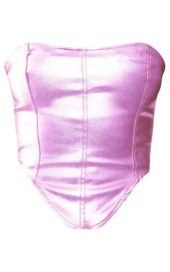 Pink Metallic Coated Denim Corset Top