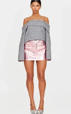 Pink Metallic Crinkle Faux Leather Micro Mini Skirt