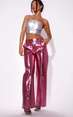 Pink Metallic Faux Leather Straight Leg Tailored Pants