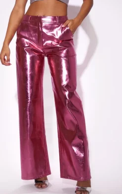 Pink Metallic Faux Leather Straight Leg Tailored Pants