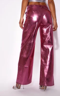 Pink Metallic Faux Leather Straight Leg Tailored Pants