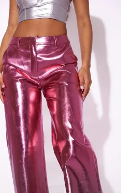 Pink Metallic Faux Leather Straight Leg Tailored Pants