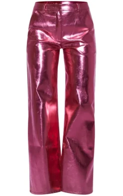 Pink Metallic Faux Leather Straight Leg Tailored Pants