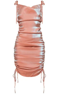 Pink Metallic Shimmer Cowl Neck Tie Strap Midi Dress