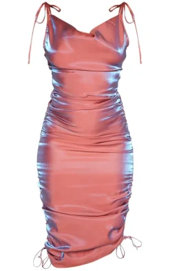 Pink Metallic Shimmer Cowl Neck Tie Strap Midi Dress
