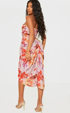 Pink Oriental Floral Print Chiffon Ruched Drape Midi Dress