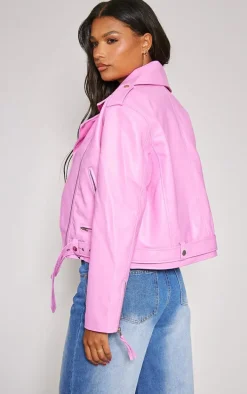 Pink Oversized Faux Leather Quilted Biker Jacket